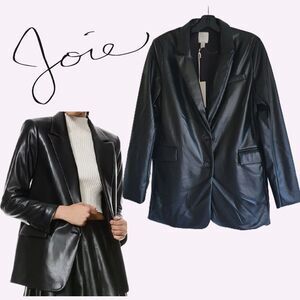 JOIE NEW Old Money Faux Leather Lapel Flap Pockets Classic Jacket